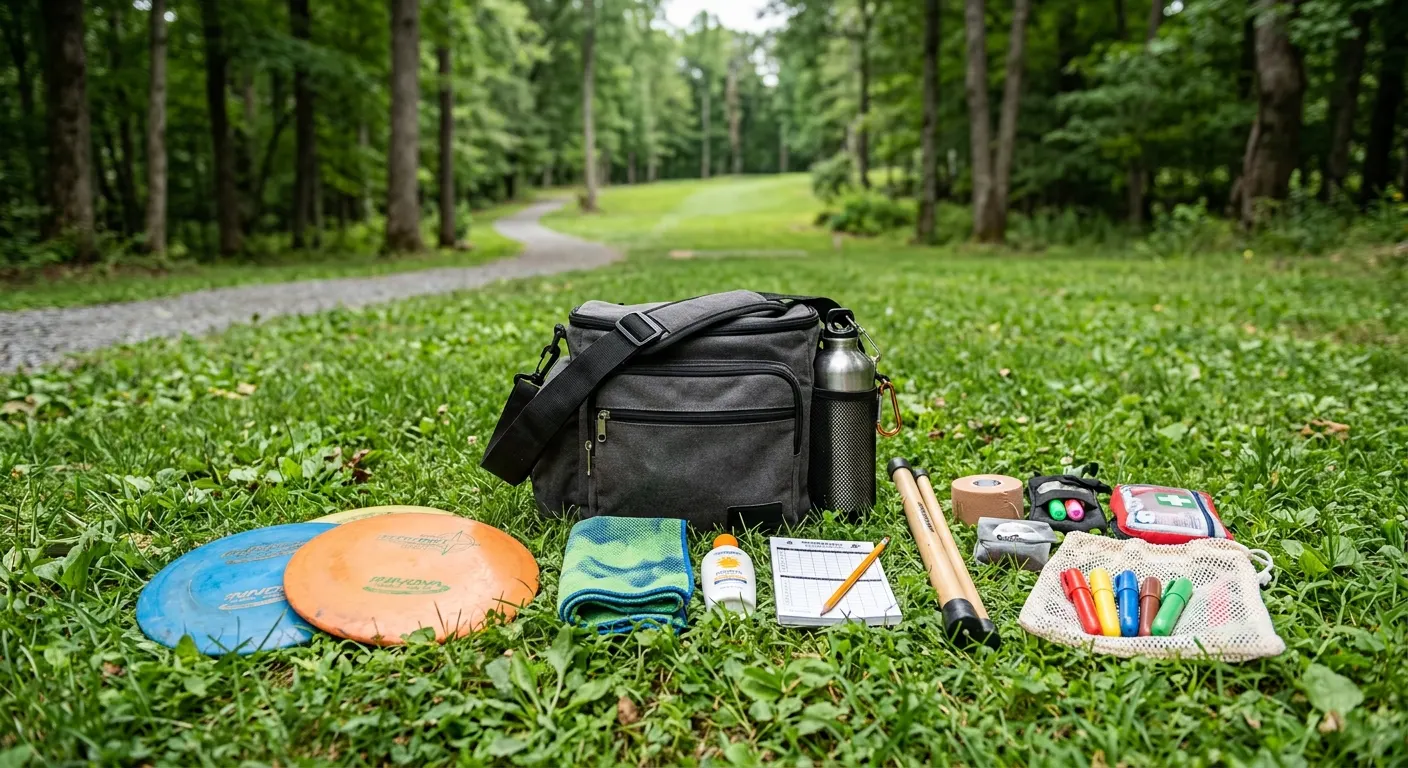 Affordable disc golf accessories laid out on grass