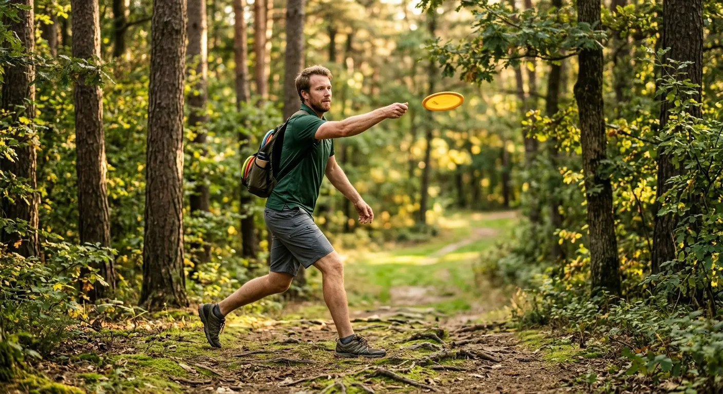 Disc golfer releasing a disc on a sun-dappled wooded fairway at golden hour